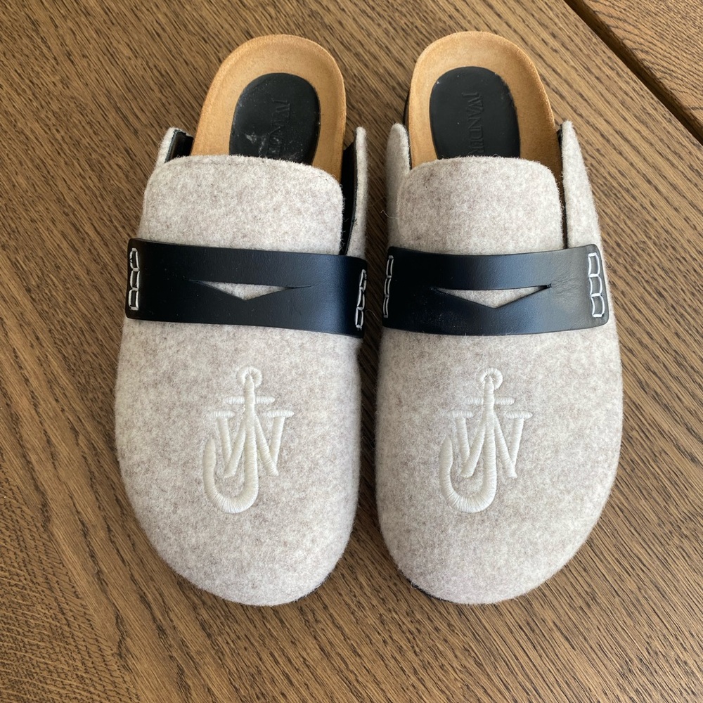 JW Anderson Cream Wool Slip-On Mules with Black Strap